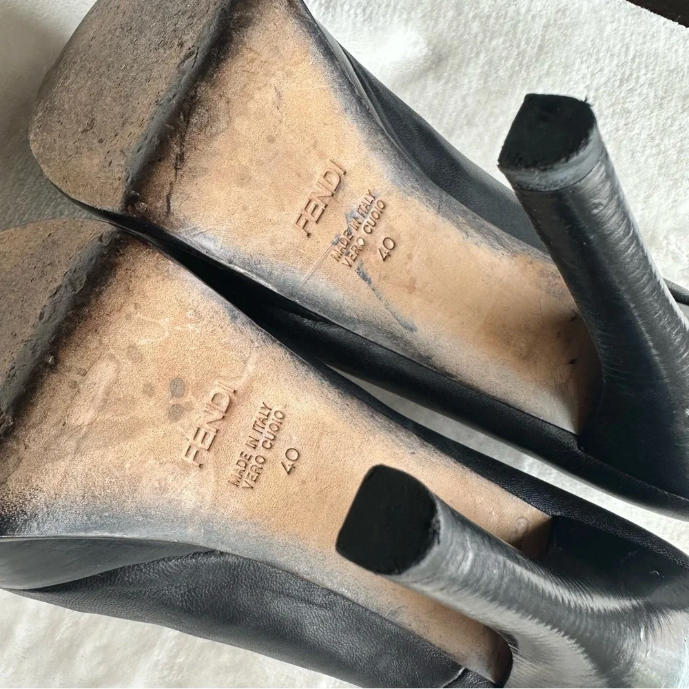Fendi Fendista Black Leather Heels Platform Gold Logo Size 40 EU US 10 - Picture 9 of 12